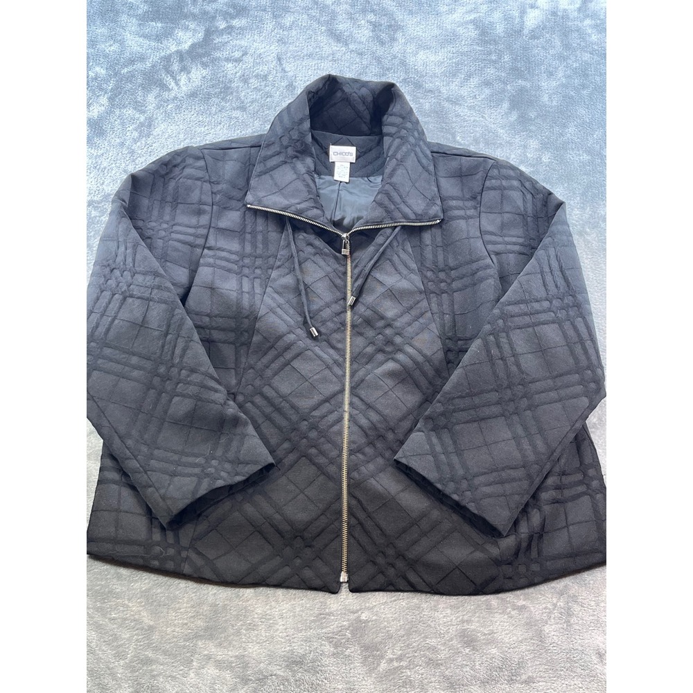 Chicos Black Textured Plaid Full Zip Funnel Neck Jacket Size 3 Large XL